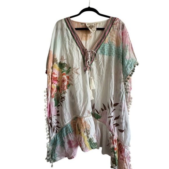 Z&L Bohemian Floral V-Neck Pom Pom Tunic Top/beach Cover Up 100% Cotton - Picture 15 of 16
